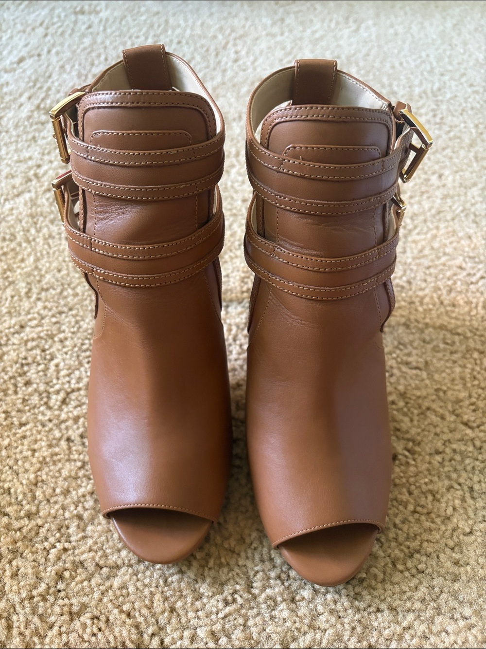 Michael Kors Blaze Open Toe Leather Bootie. Color Acorn.